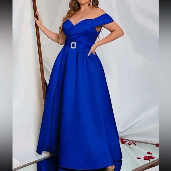 Plus size blue off shoulder party formal evening maxi dress - Picture 5 of 7